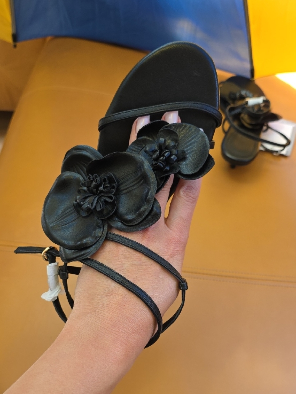 H&M Black Leather Floral Strappy Sandals